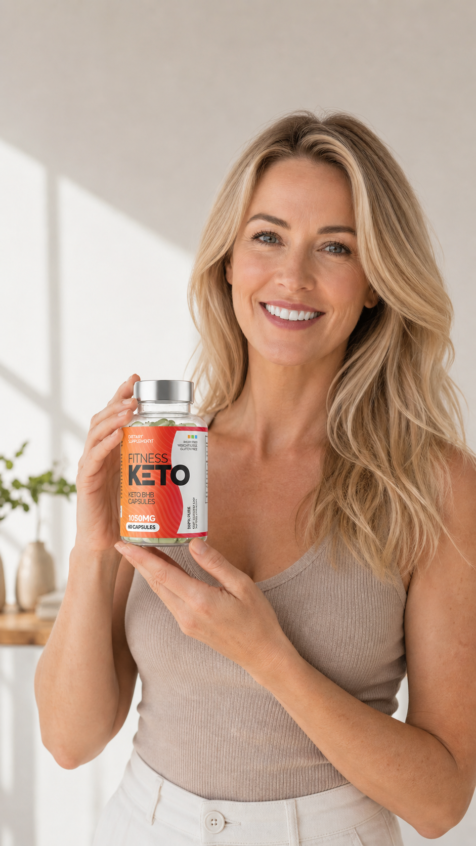 Fitness Keto Capsules review – Marie-Claire Tremblay holding Fitness Keto bottle