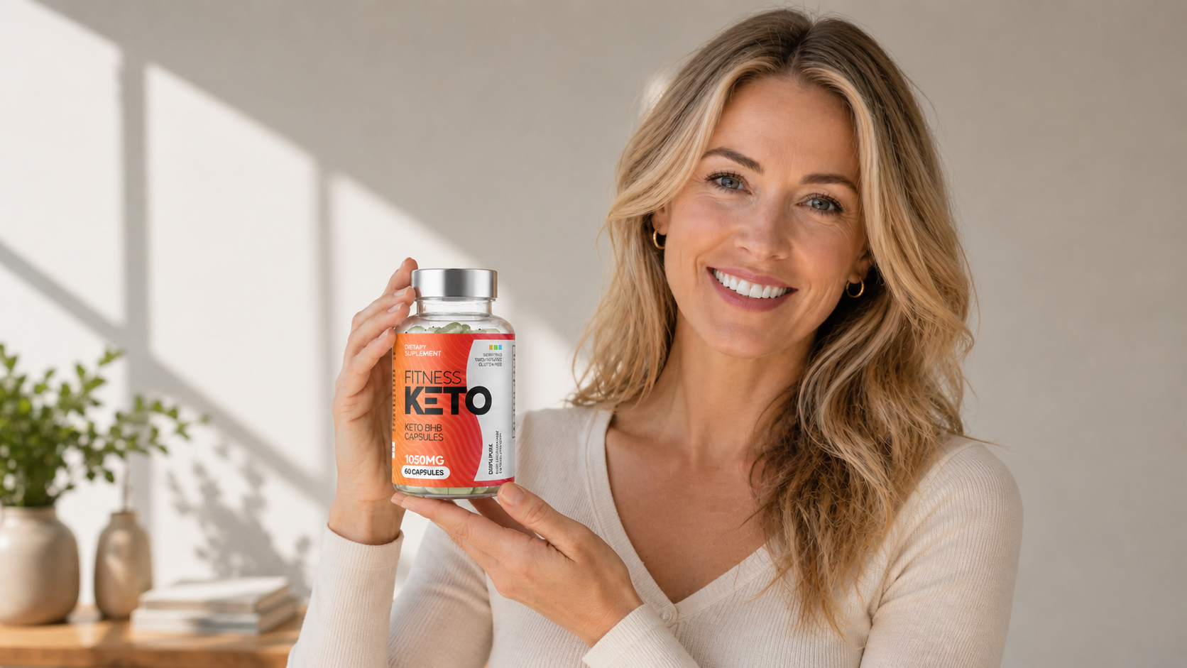 Sarah Mitchell holding Fitness Keto Capsules – fitness keto review